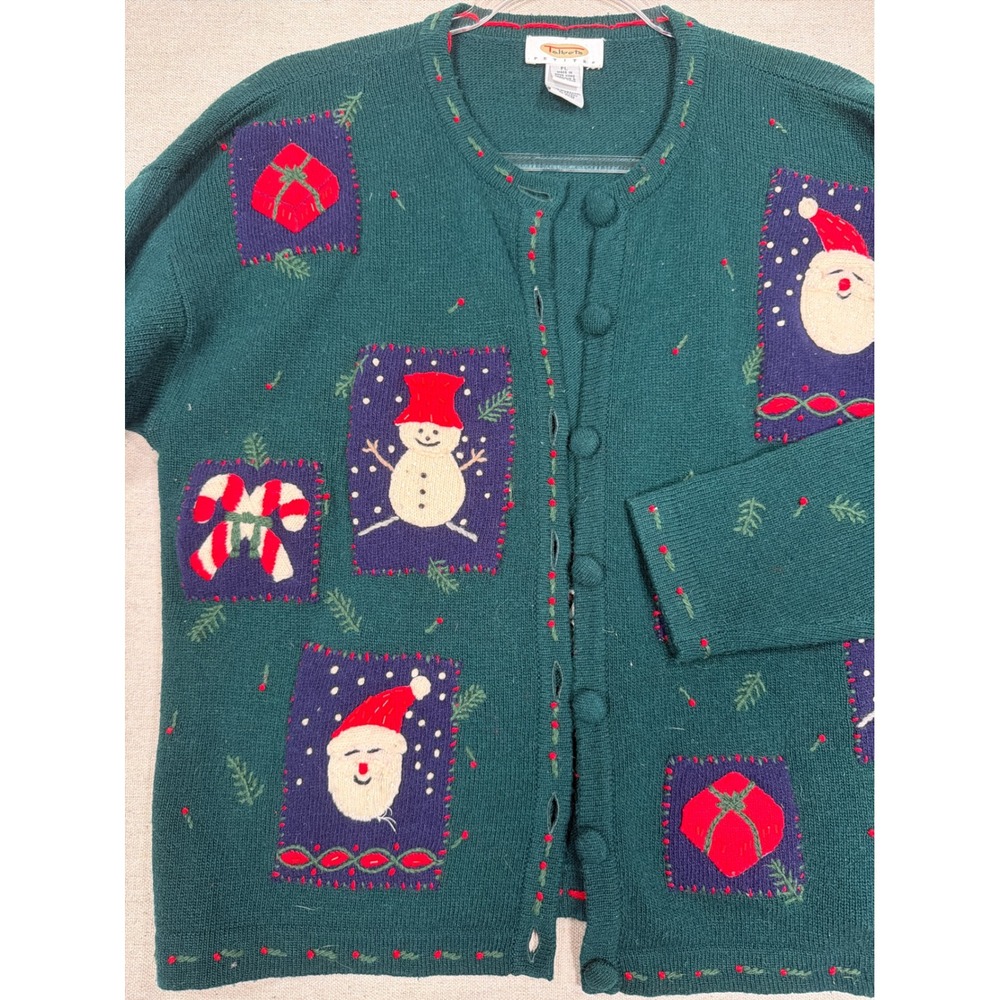 Talbots Vintage Christmas Cardigan Green Santa Snowman Embroidered Petite L